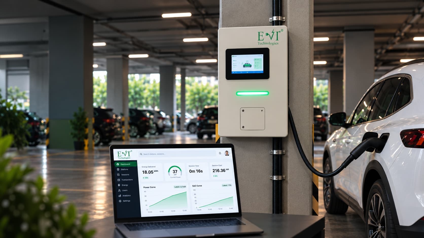 EVIT smart EV charging station mounted in a commercial parking facility, with an electric SUV connected and a live charging dashboard