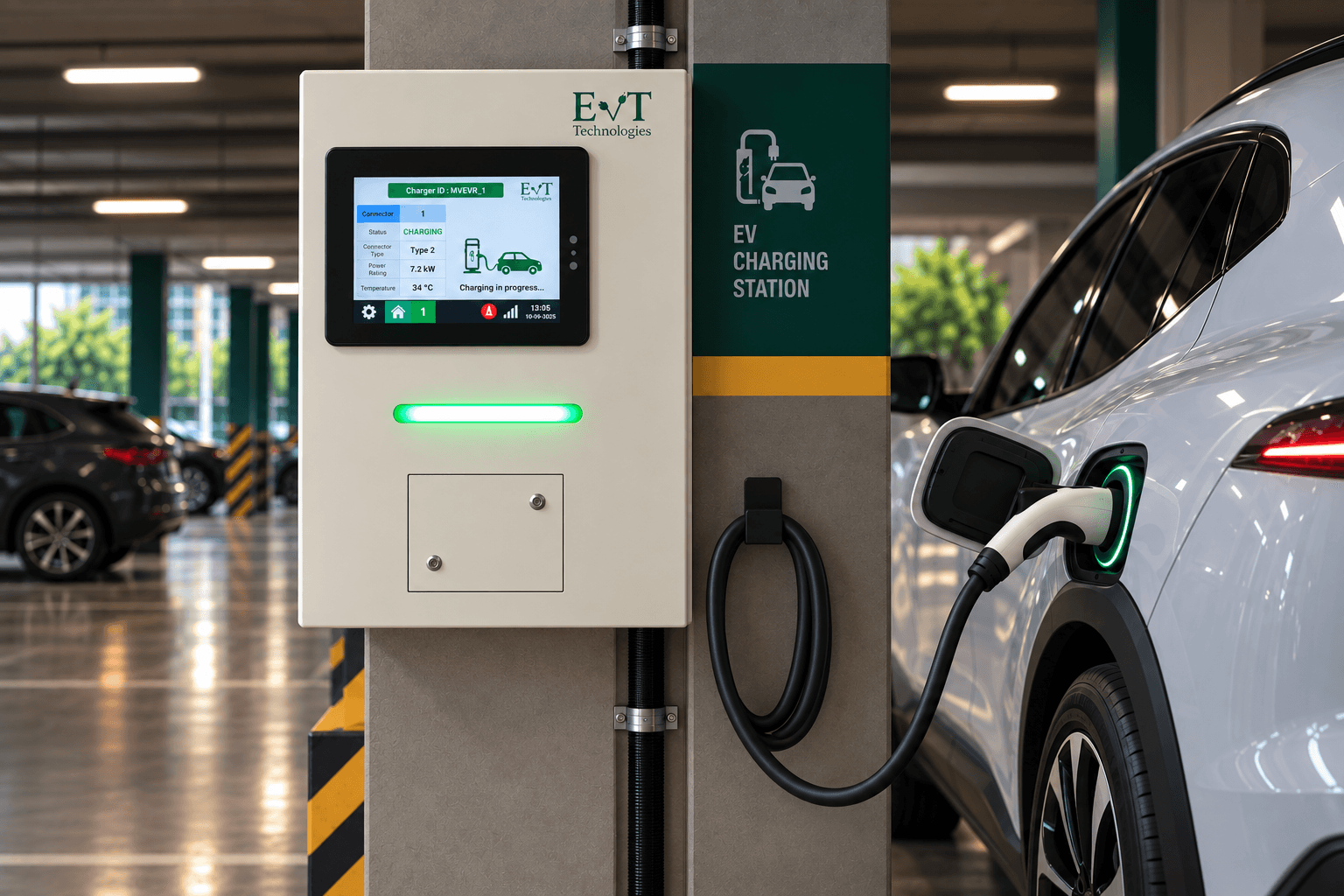 EVIT AC Charger plugged into Electric Car during active charging session