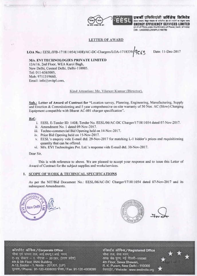 EESL Letter of Award, issued by Energy Efficiency Services Ltd, Ministry of Power