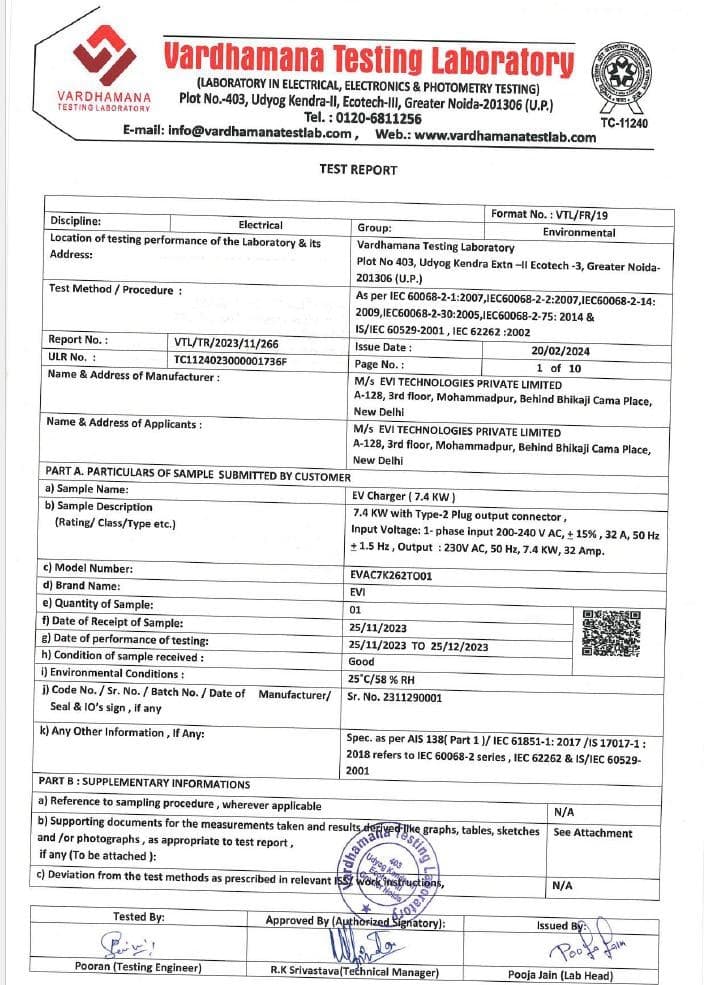 NABL test report — 7.4 kW charger, issued by Vardhamana Testing Laboratory (NABL accreditation TC-11240)